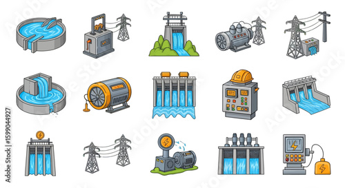 Vector Icons Set of A colorful cartoon icon set illustrating hydroelectric power generation dams turbines and electrical distribution systems. EPS Editable