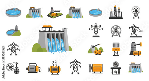 Vector Icons Set of A colorful collection of flat design icons representing various forms of energy generation including hydroelectric dams power plants turbines and electrical inf. EPS Editable