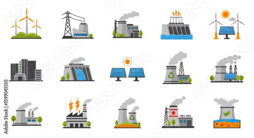 Vector Icons Set of A diverse collection of flat vector icons depicting power plants factories and various energy generation sources like solar wind and nuclear. EPS Editable
