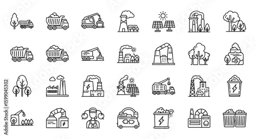 Vector Icons Set of Biomass energy and recycling process line icon set Includes factory truck and renewable source symbols. EPS Editable