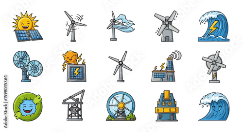Vector Icons Set of Cartoon collection of renewable energy source icons featuring solar wind tidal and geothermal power. EPS Editable