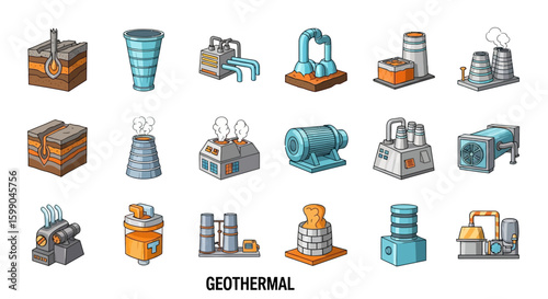 Vector Icons Set of Colorful cartoonstyle isometric icon set for geothermal energy production showing power plants turbines cooling towers and geological crosssections. EPS Editable