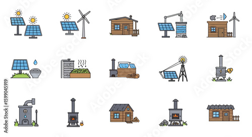 Vector Icons Set of Colorful icon set illustrating offgrid living renewable energy sources solar panels wind turbines and rustic cabins. EPS Editable