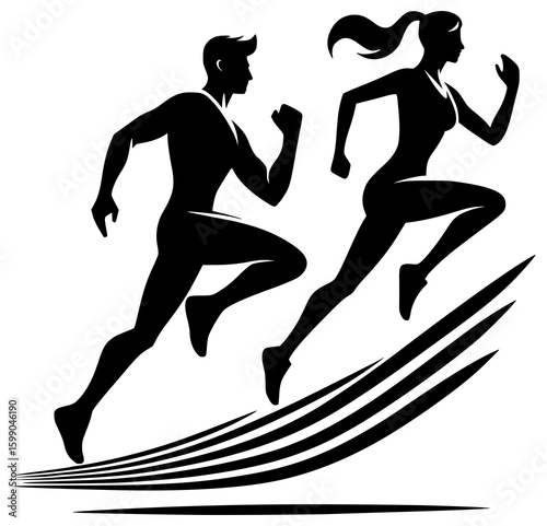 Running man and woman, isolated vector silhouettes. Run, side view. Silhouettes of athletic looking male and female runners running. Transparent PNG version.