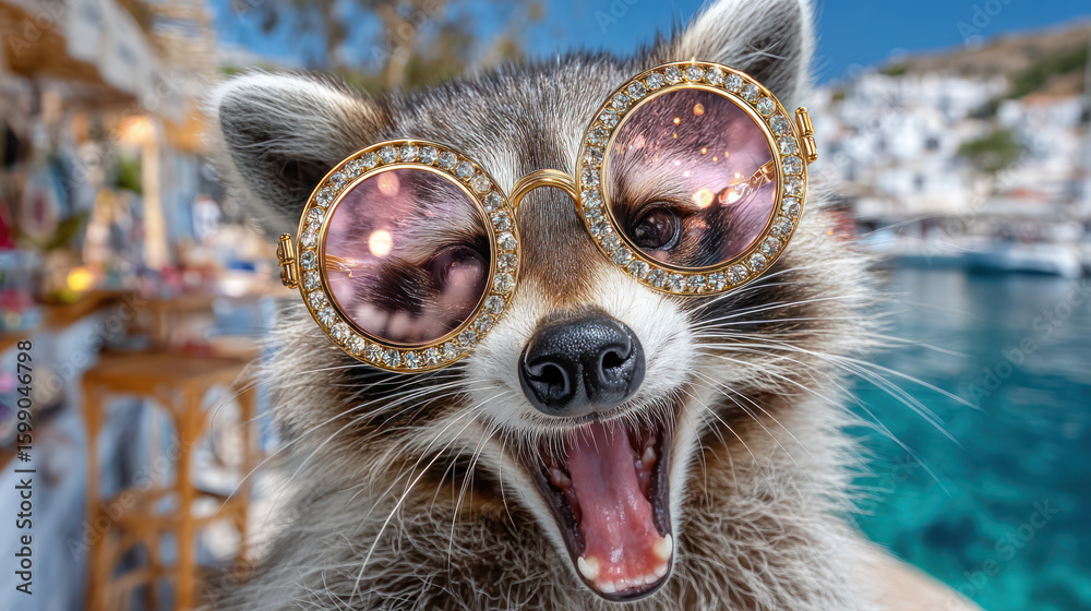 Obraz premium Happy raccoon in a seaside bar, on vacation