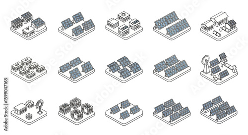 Vector Icons Set of Isometric line art icon set of solar power plants rooftop panels and renewable energy infrastructure. EPS Editable