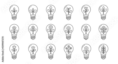 Vector Icons Set of Minimalist black outline icon set featuring light bulbs with various growing plants sprouts and flowers inside. EPS Editable