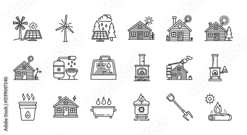 Vector Icons Set of Offgrid living and renewable energy outline icon set for a sustainable lifestyle. EPS Editable