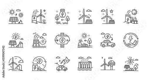 Vector Icons Set of Renewable energy sources line icon set Solar wind hydro and geothermal power symbols. EPS Editable
