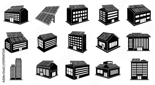 Vector Icons Set of Set of black building icons with rooftop solar panels illustrating sustainable architecture and renewable energy. EPS Editable