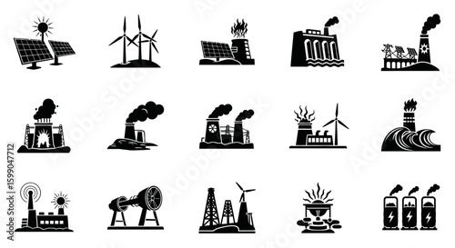 Vector Icons Set of Set of black silhouette icons for energy production power plants and industry showing renewable and fossil fuel sources. EPS Editable