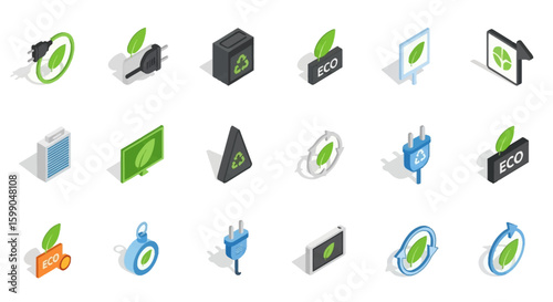 Vector Icons Set of Set of isometric icons for ecology green energy and recycling concepts Colorful vector illustrations for sustainability and environmental themes. EPS Editable