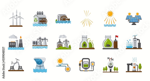 Vector Icons Set of Set of flat vector icons illustrating energy generation including wind solar hydro fossil fuel and nuclear power plants. EPS Editable