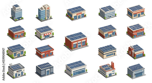 Vector Icons Set of Set of isometric commercial industrial and office buildings with blue solar panels on their rooftops. EPS Editable