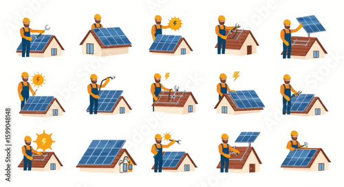 Vector Icons Set of Set of illustrations showing a technician in a hard hat and overalls installing solar panels on a residential house roof depicting various stages of the process. EPS Editable