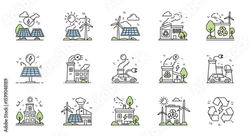 Vector Icons Set of Set of renewable energy and ecology line art icons with color accents featuring solar panels wind turbines electric cars and recycling symbols. EPS Editable