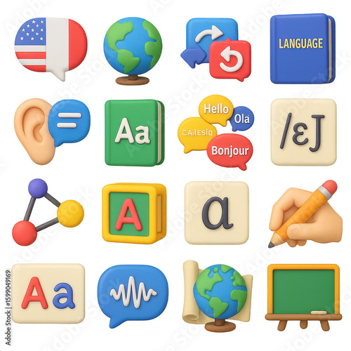 Education 3d icon set. featuring language, globe, alphabet, chalkboard, ear, speech, handwriting, sound wave.