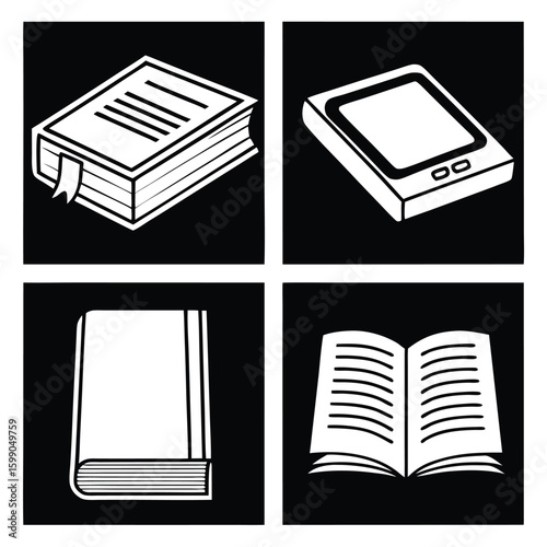 Four minimalist white icons of books and e-reader on black background reading ebook