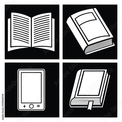 Four white book and e-reader icons on black background open book closed book