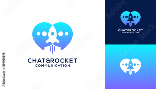 Abstract silhouette of rocket launch with twin speech bubble logo design ideas. Vector combined of technology and communications, icon template. 