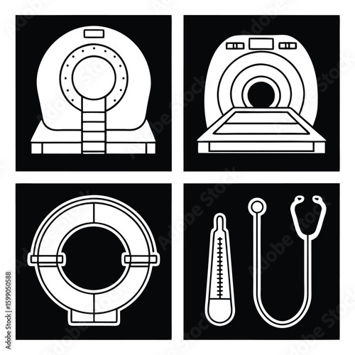 White medical equipment icons on black background M R I scanner thermometer stethoscope