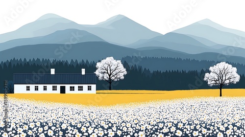 A picturesque landscape featuring a farmhouse, mountains, and a field of flowers.