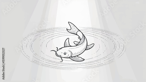 Minimalist black and white line art of a koi fish swimming in circular ripples