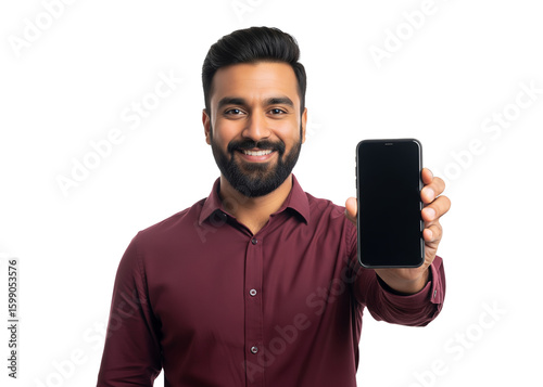 Smiling Indian man holding a modern smartphone with a blank screen on a clean white display