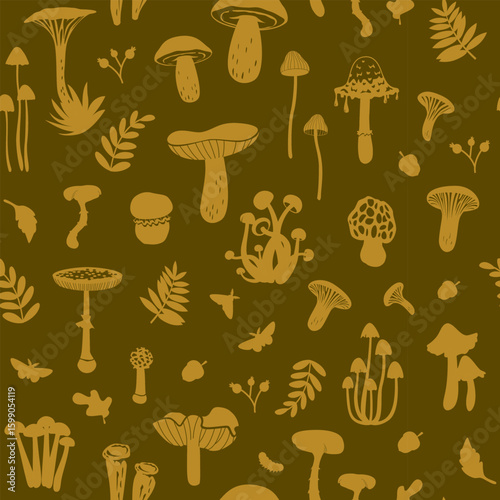 Seamless green pattern with silhouettes of various mushrooms, leaves, berries, acorns. Perfect for culinary websites, apps, tablecloths, wallpapers, kitchen textiles