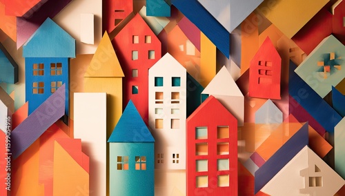 Abstract townscape with colorful geometric houses arranged at various angles, warm background
