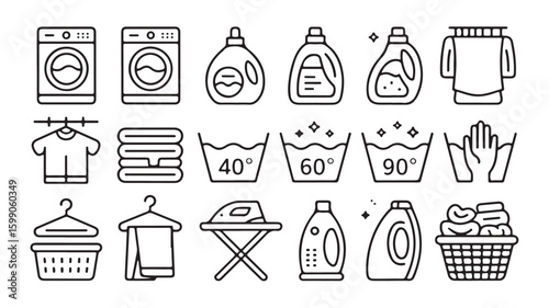 Laundry care icons washing machine detergent water temperature and ironing fabric softener