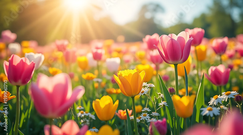 Vibrant tulip field bathed in golden sunlight on a spring day