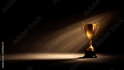 A golden trophy sits illuminated by a spotlight in a darkened room, creating dramatic light