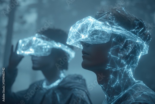 A futuristic image of a man with a glowing head in an NFT marketplace filled with plexus-style designs.