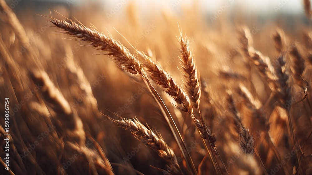 Fototapeta premium Golden wheat stalks gleam warmly in a field, softly focused and sunlit