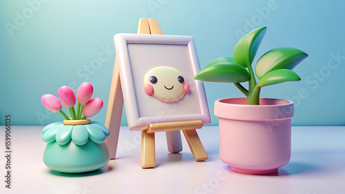 Cute kawaii art easel with plants and a smiling face