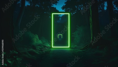 A neon green rectangular frame illuminates a dark forest path on the surrounding trees, abstract background 