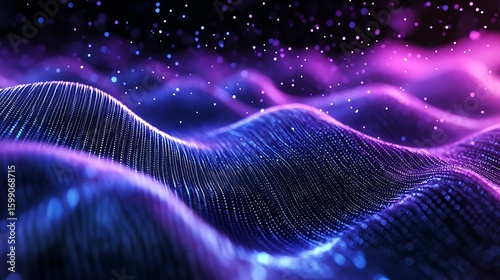 Abstract Wavy Digital Landscape with Dots in Blue and Pink Light