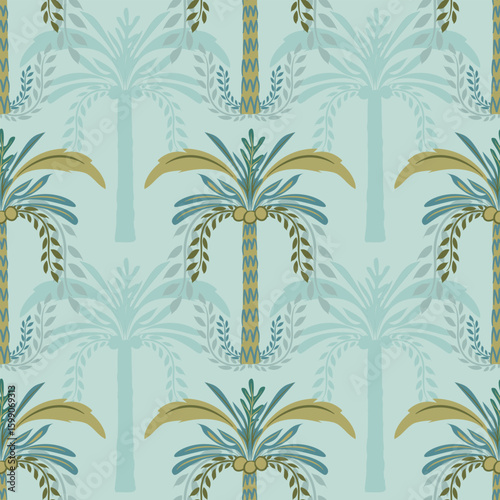 Tropical seamless pattern with hand drawn palm trees. Hawaiian florals summer background