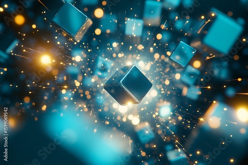 Floating Cubes with Sparkles Glowing in Blue and Gold Colors