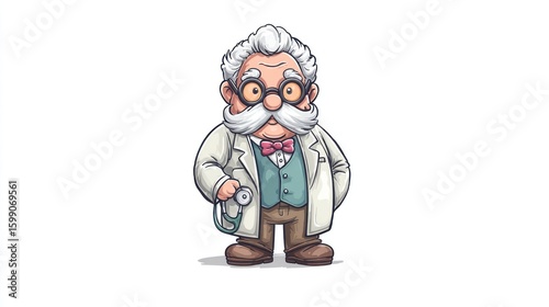 Cartoon doctor with glasses and mustache, holding stethoscope, stands against white
