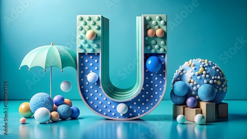 Whimsical Letter U Composition with Spheres and Umbrella on Blue Background