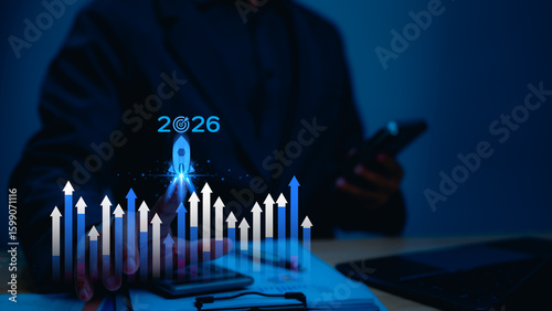 Achieve Your Goal Digital Growth Future ROI CRM Sustainability Upward Arrow Graph Illustrates Conversion Disruption Spirit, Aiming 2026