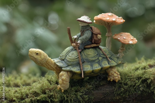 A whimsical illustration of a tiny turtle figurine riding on the back of a larger turtle, set against a blurred background.