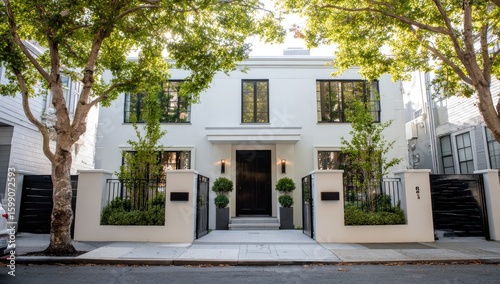 Elegant white facade of a two-story house stands amidst leafy trees on a bright street