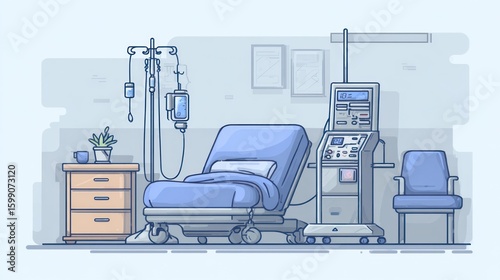 Cartoon hospital room with bed, IV drip, and dialysis machine in a flat style