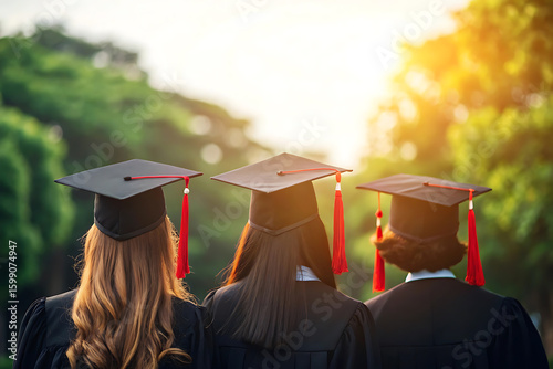 Graduates in caps and gowns facing the setting sun