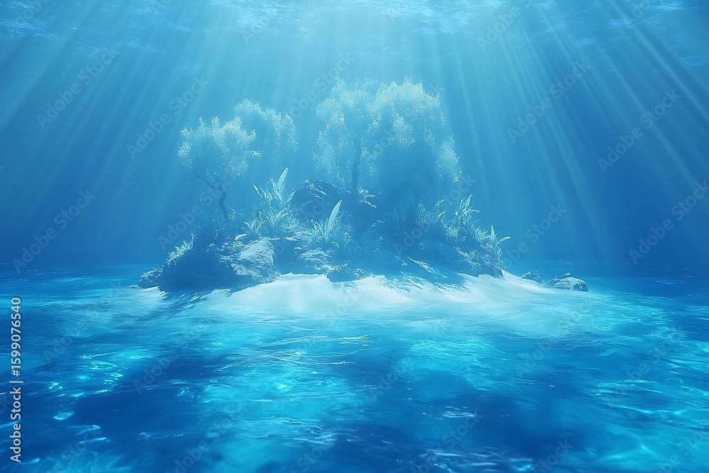 Fototapeta premium Tropical Island Oasis Underwater with Sun Rays and Tranquil Blue Water