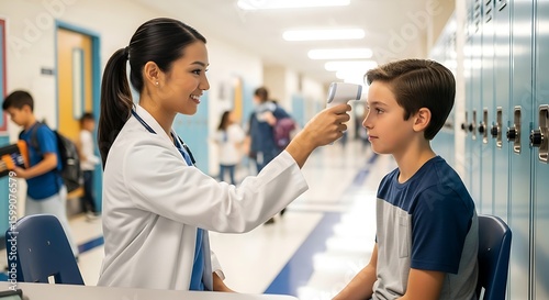 Nurse using a thermometer:  School hallway health check, gentle and caring