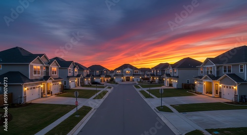Cul de sac classic dead end street surrounded by luxury two story single family homes in a new residential East Coast USA real estate development neighborhood with dramatic colorful sunset 